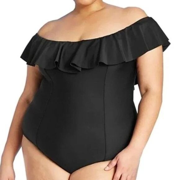 Kona Sol Swimsuit Off The Shoulder Ruffled One Piece Black Plus 20W - Picture 1 of 11
